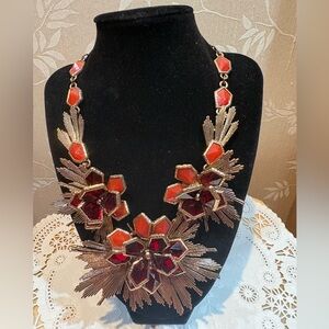 Oscar De La Renta Elegant Red & Orange Faceted Resin Starburst Flower Necklace